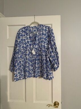 Blue Floral Tie-Neck Peasant Top